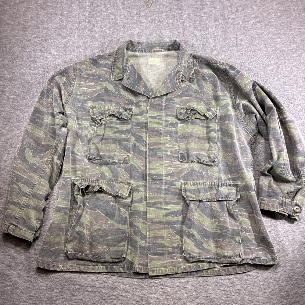 Vintage Tiger Stripe Camo Field Jacket Military Coat Combat Men Large Green